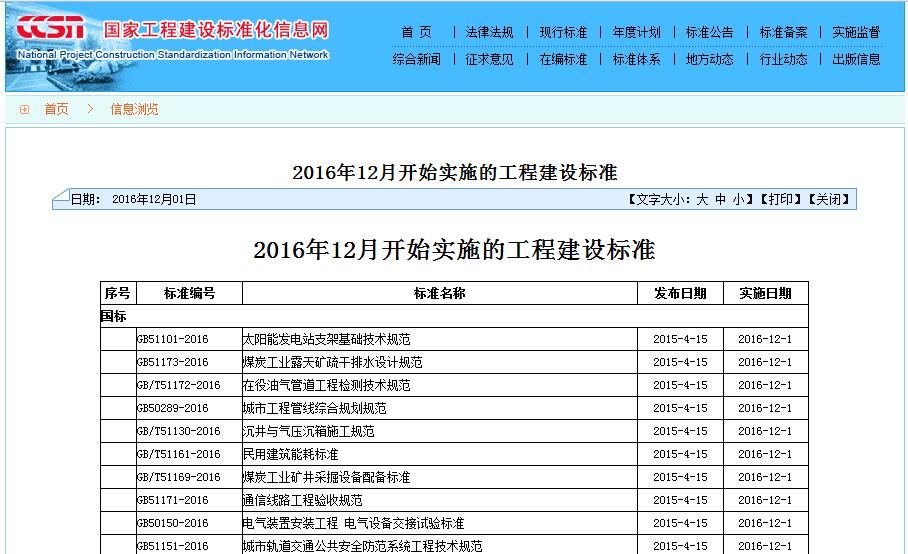 2016年12月开始实施的工程建设标准