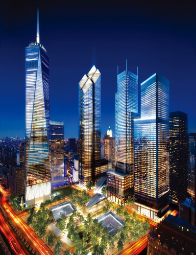   夜晚，曼哈顿星空下的世贸中心（左边）和其他地面建筑效果