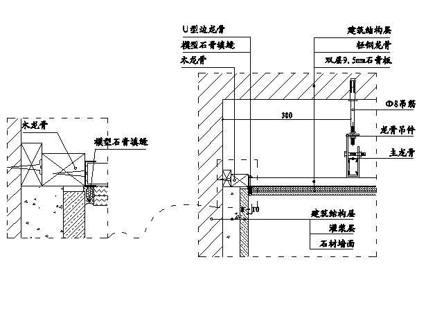 墙面石材与石膏板涂料天花收口节点