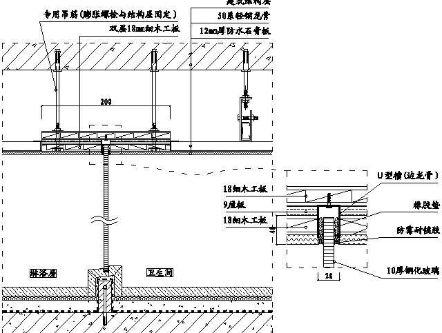 淋浴房玻璃隔断吊顶施工示意图