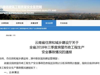 2018年云南省三季度房屋市政工程生产  安全事故情况的通报