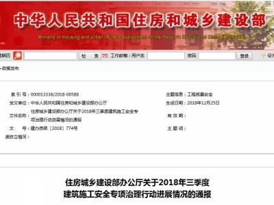 住房城乡建设部办公厅关于2018年三季度 建筑施工安全专项治理行动进展情况的通报丨文号：建办质函〔2018〕774号