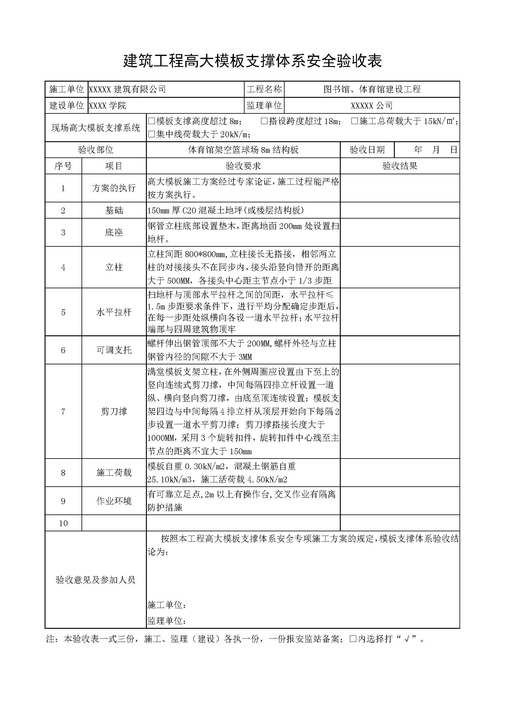 建筑工程高大模板支撑体系安全验收表