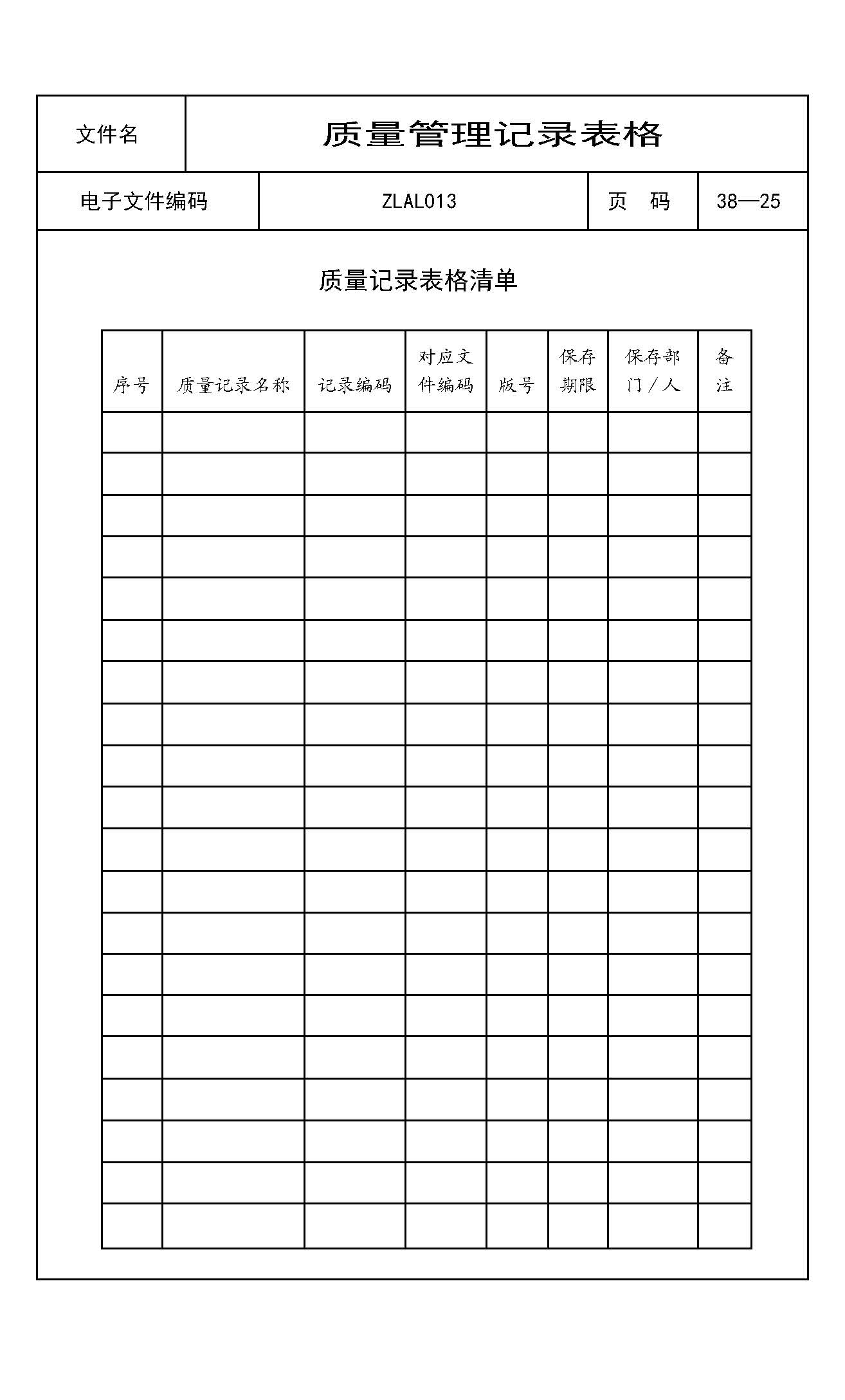 质量记录表格清单