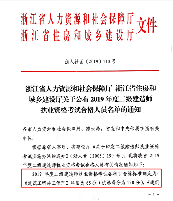 2019年度浙江省二级建造师成绩查询及合格标准