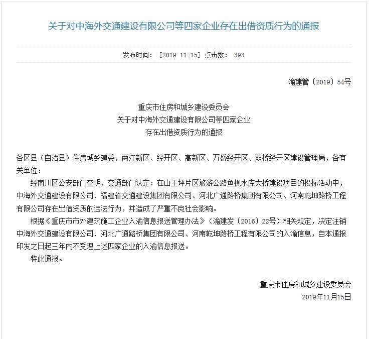 关于对中海外交通建设有限公司等四家企业存在出借资质行为的通报丨渝建管〔2019〕54号