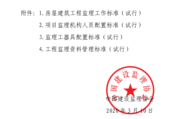 中国建设监理协会关于印发《房屋建筑工程监理工作标准（试行）》等四个标准的通知丨中建监协[2020]15号