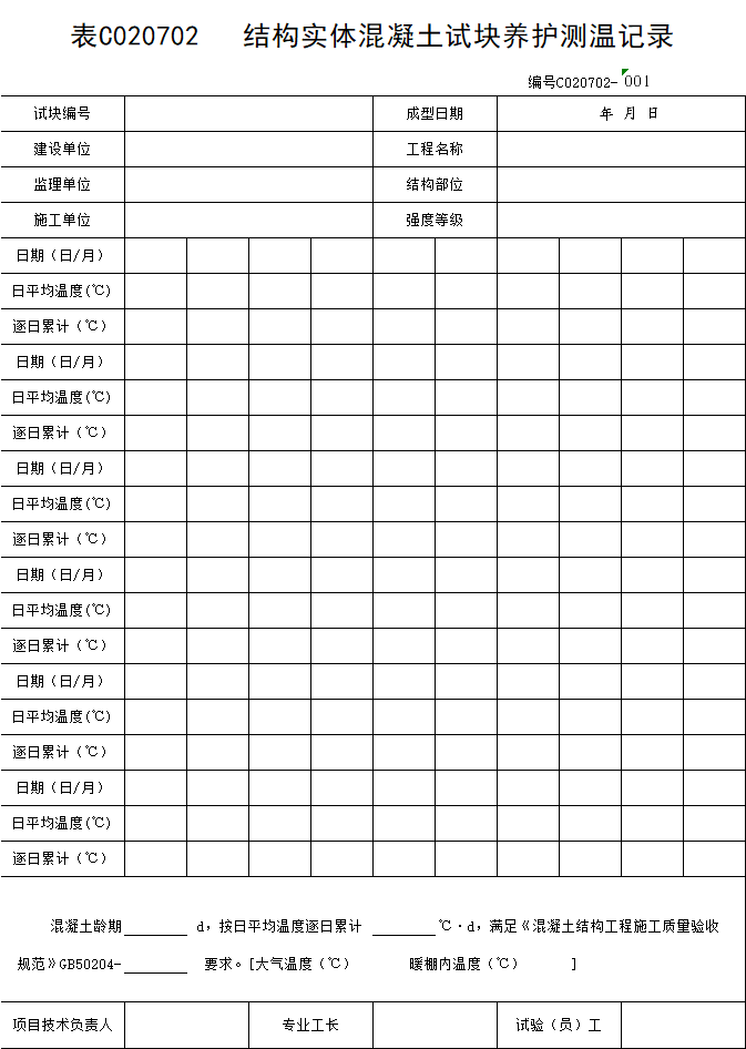 结构实体混凝土试块养护测温记表丨Excel表格