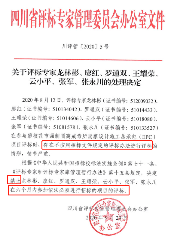 七个标段有5个被操控，5个评标专家的判决结果公布