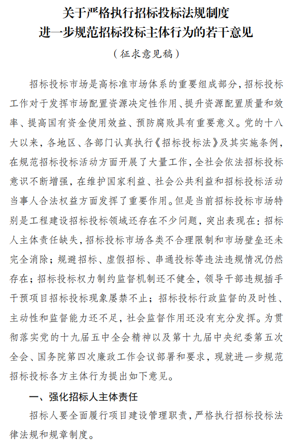 关于严格执行招标投标法规制度进一步规范招标投标主体行为的若干意见（征求意见稿）