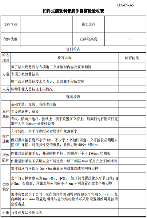 扣件式满堂钢管脚手架搭设验收表