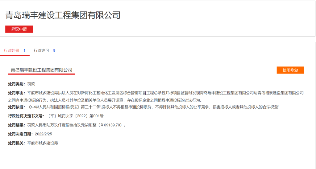 违法串通投标!青岛瑞丰建设工程集团有限公司被官方处罚