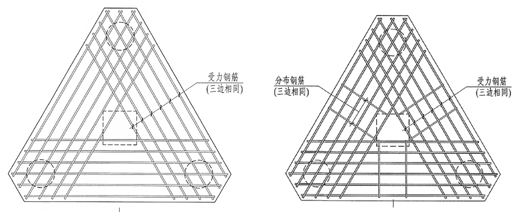 22G101-3：筏板加厚设放射筋，三桩承台不注写分布钢筋？