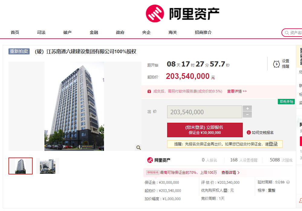 大跌眼镜！南通六建重新拍卖！3000万保证金没收了？