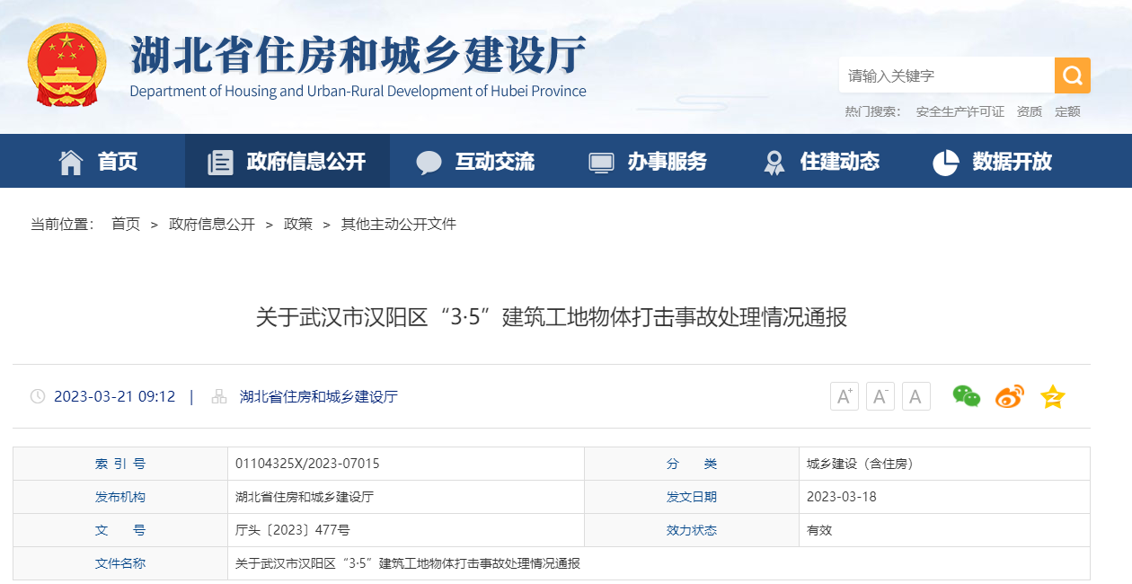关于武汉市汉阳区“3·5”建筑工地物体打击事故处理情况通报