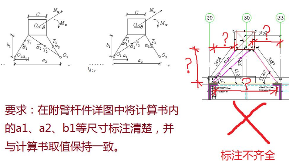 附着杆件布置图内，定位尺寸标注不齐全，或者与计算书不一致