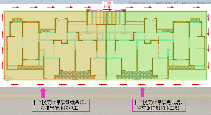 楼层弹线，并测量水平标高，根据PC板编号于楼面对号入座，塔吊采用顺时针方式