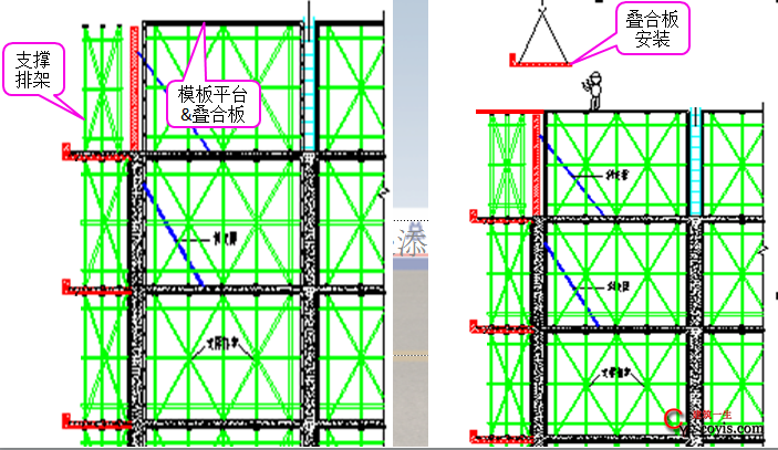 外墙板吊装、校正完毕；根据日式配摸施工流程，分别进行剪力墙、梁支模，搭设楼面模板和叠合阳台板排架等
