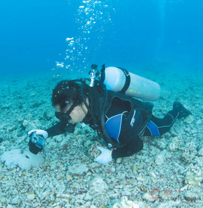 海南南海热带海洋研究所所长陈宏在珊瑚移植前进行海底环境调查。   于志龙摄