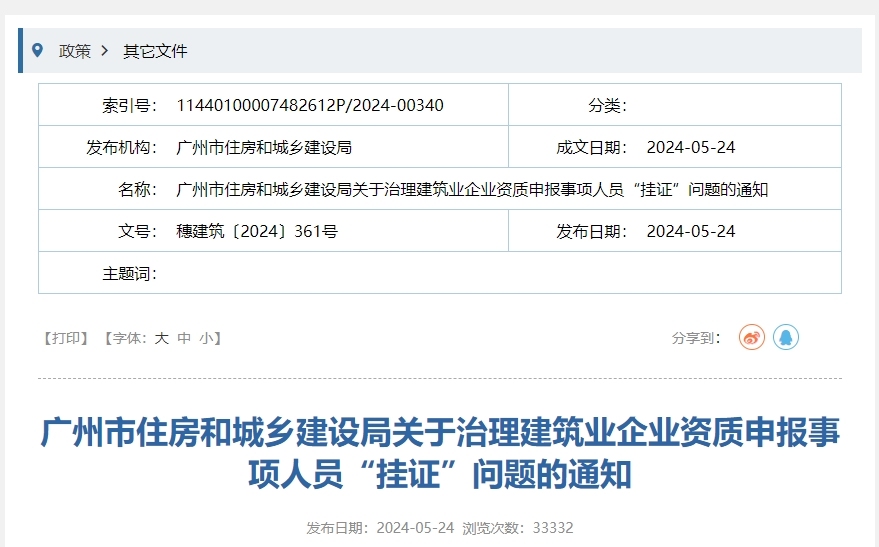 广州市住房和城乡建设局关于治理建筑业企业资质申报事项人员“挂证”问题的通知丨穗建筑〔2024〕361号