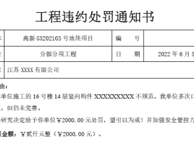 工程违约处罚通知书（监理单位发出的罚款单）