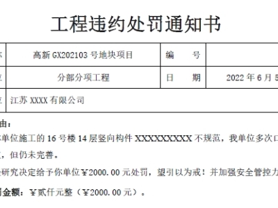 工程违约处罚通知书（监理单位发出的罚款单）